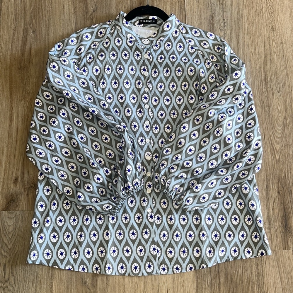 Sheilay green blue white Aztec printed button down LS shirt W elastic cuffs